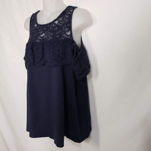 Ann Taylor LOFT Womens Top Size Medium Lace Flounce Cold Shoulder Forever Navy - Picture 4 of 9